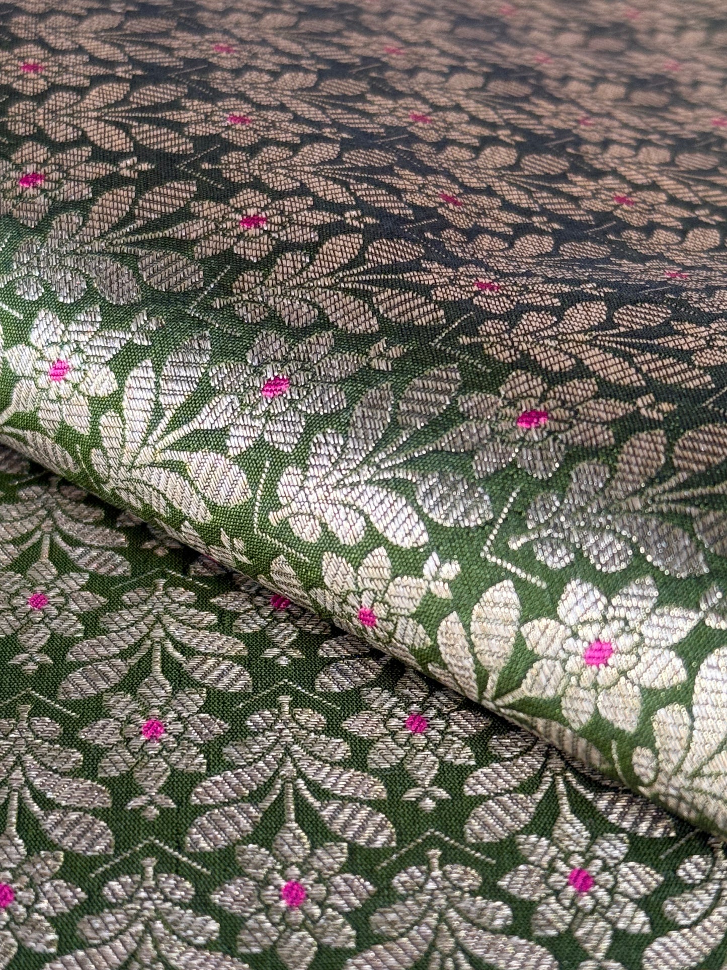 Handwoven Bottle Green Silk Brocade Meenakari Fabric Thaan