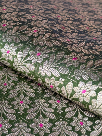 Handwoven Bottle Green Silk Brocade Meenakari Fabric Thaan
