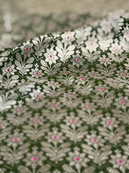 Handwoven Bottle Green Silk Brocade Meenakari Fabric Thaan