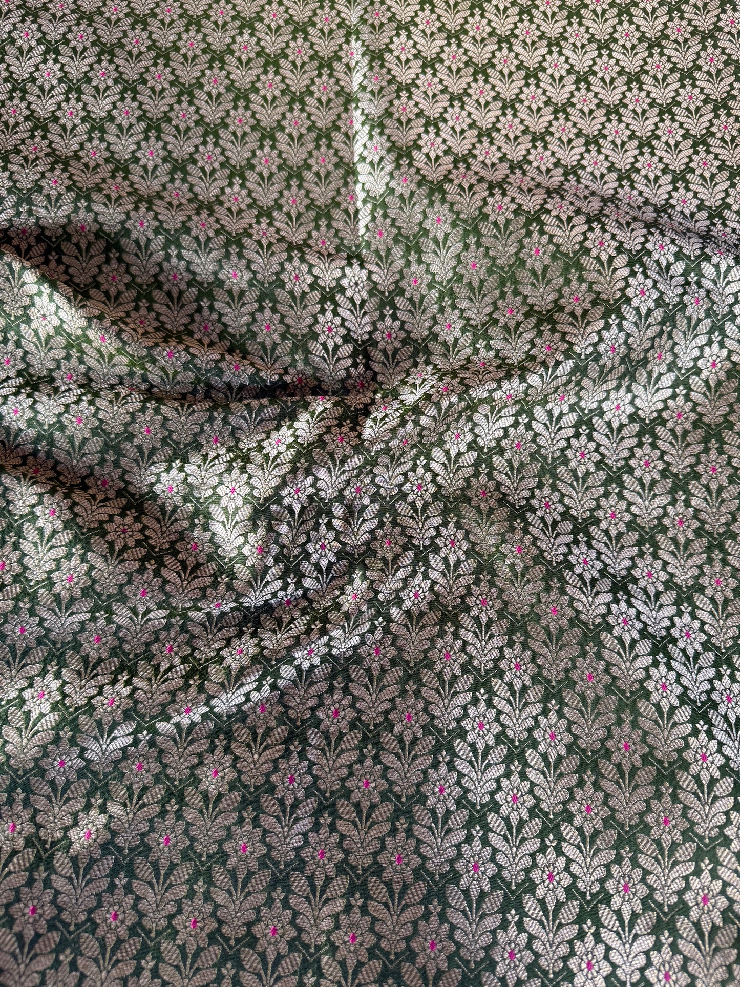 Handwoven Bottle Green Silk Brocade Meenakari Fabric Thaan