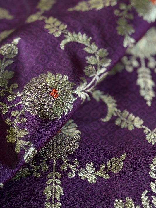 Handwoven Purple Silk Tanchoi Meenakari Jaal Fabric Thaan