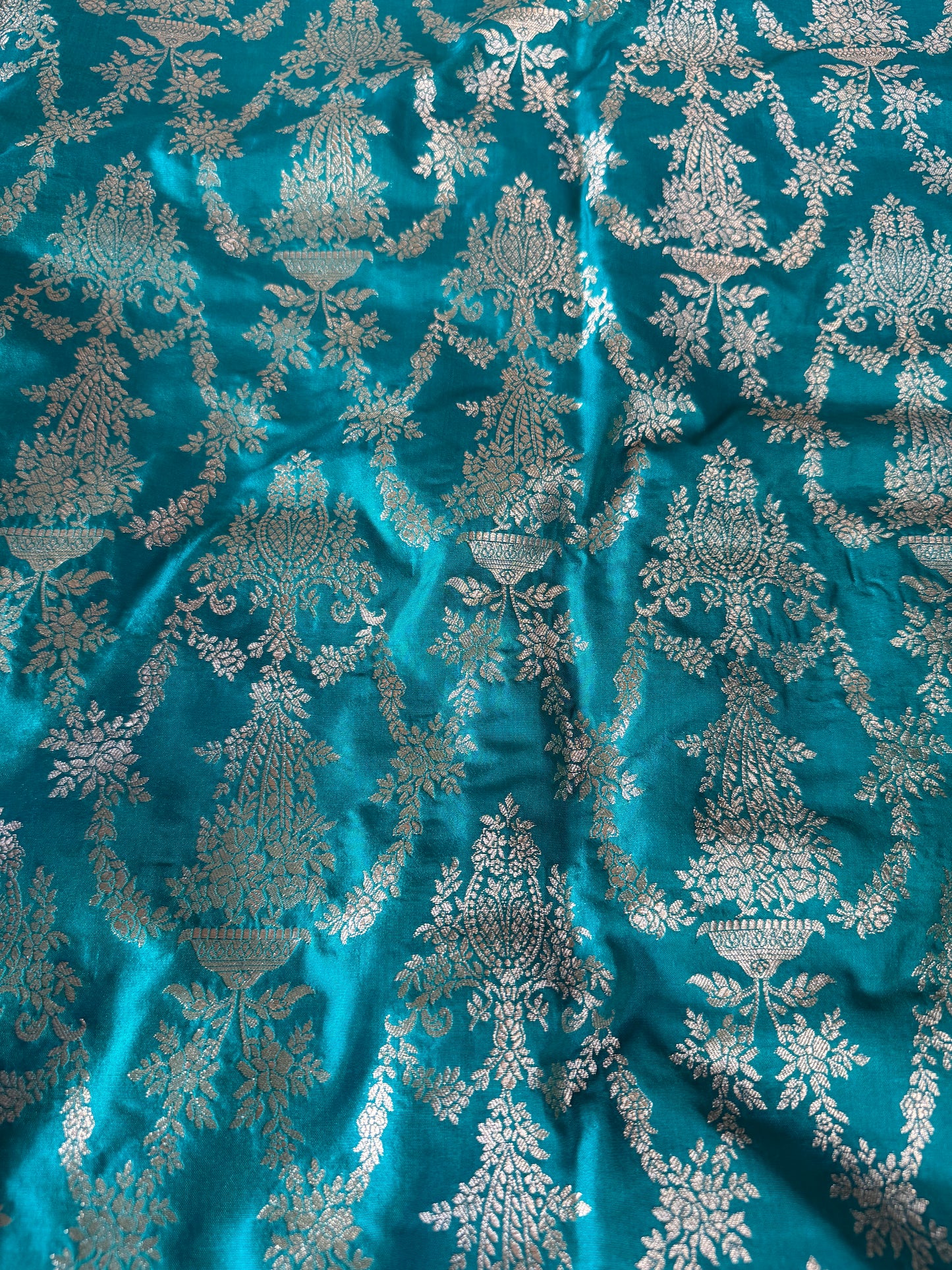 Handwoven Teal Green Silk Jaal Fabric Thaan