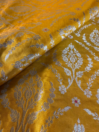 Handwoven Yellow Silk Meenakari Jaal Fabric Thaan