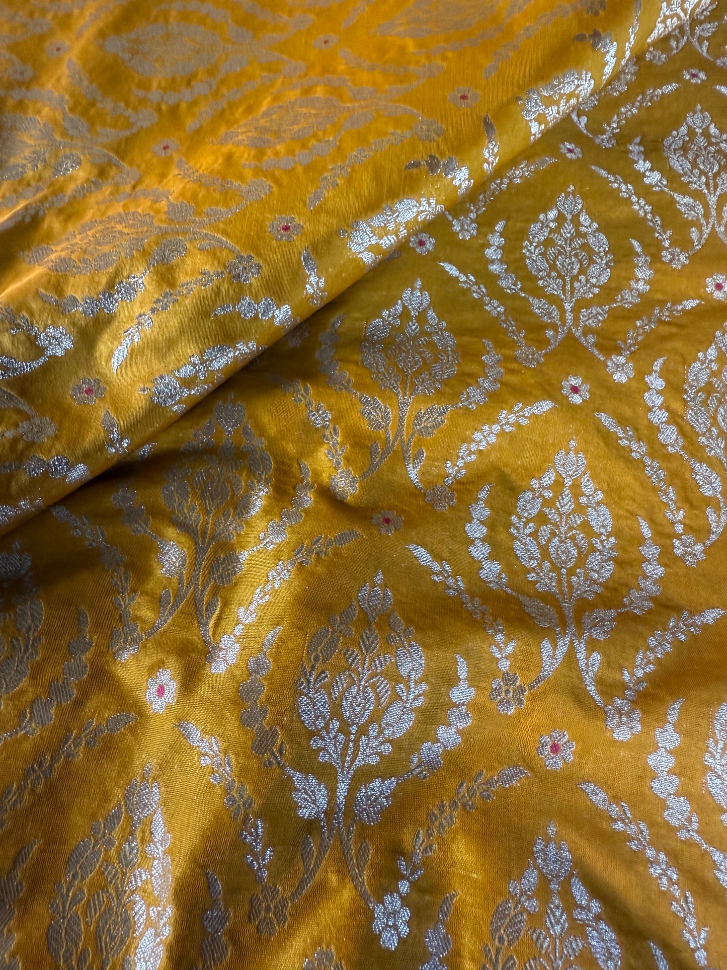 Handwoven Yellow Silk Meenakari Jaal Fabric Thaan