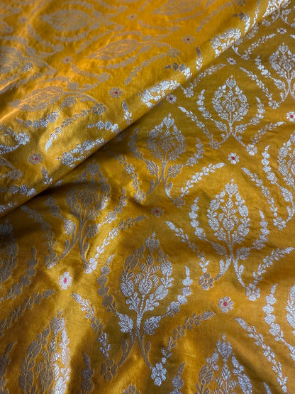 Handwoven Yellow Silk Meenakari Jaal Fabric Thaan