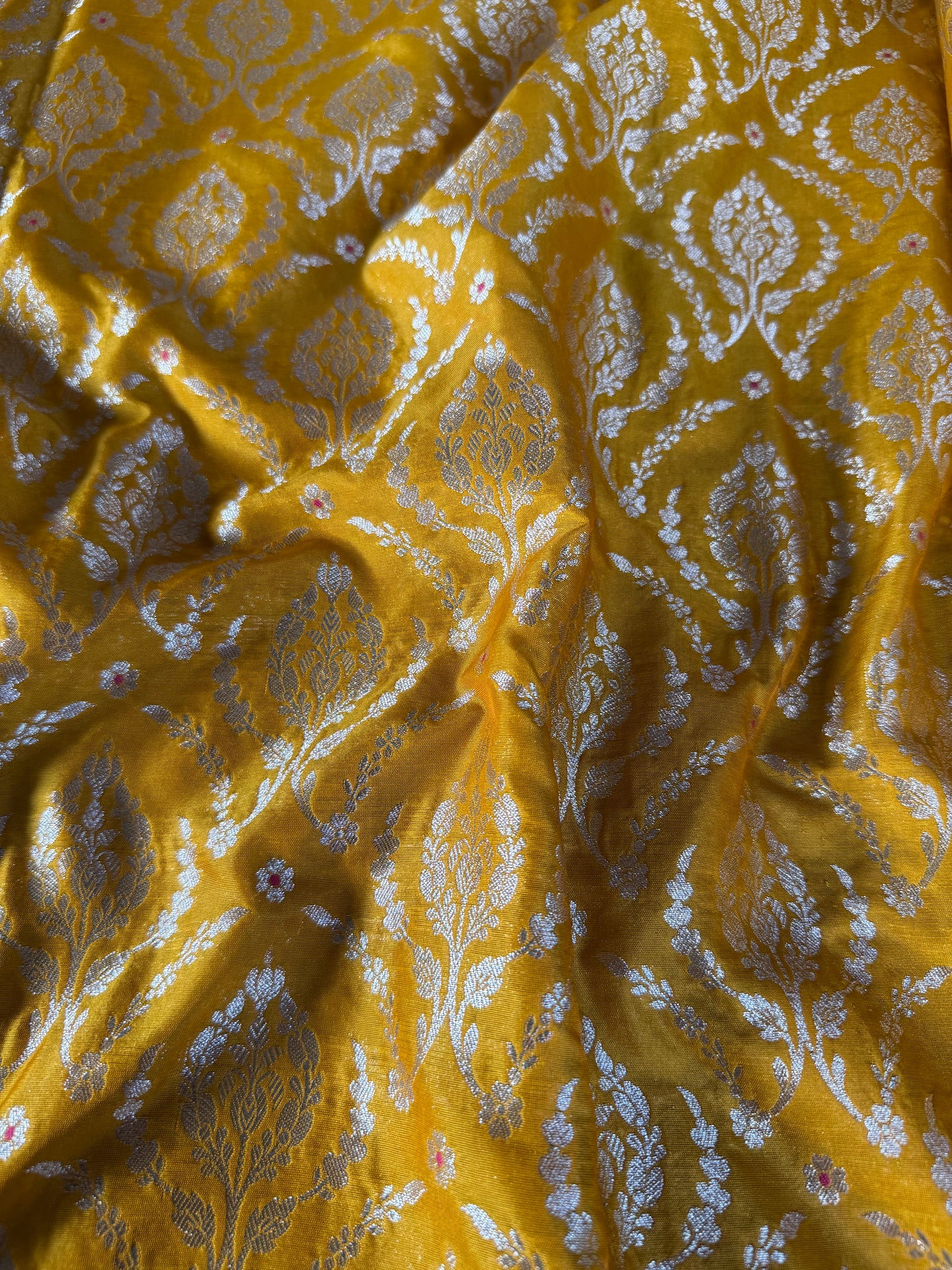 Handwoven Yellow Silk Meenakari Jaal Fabric Thaan