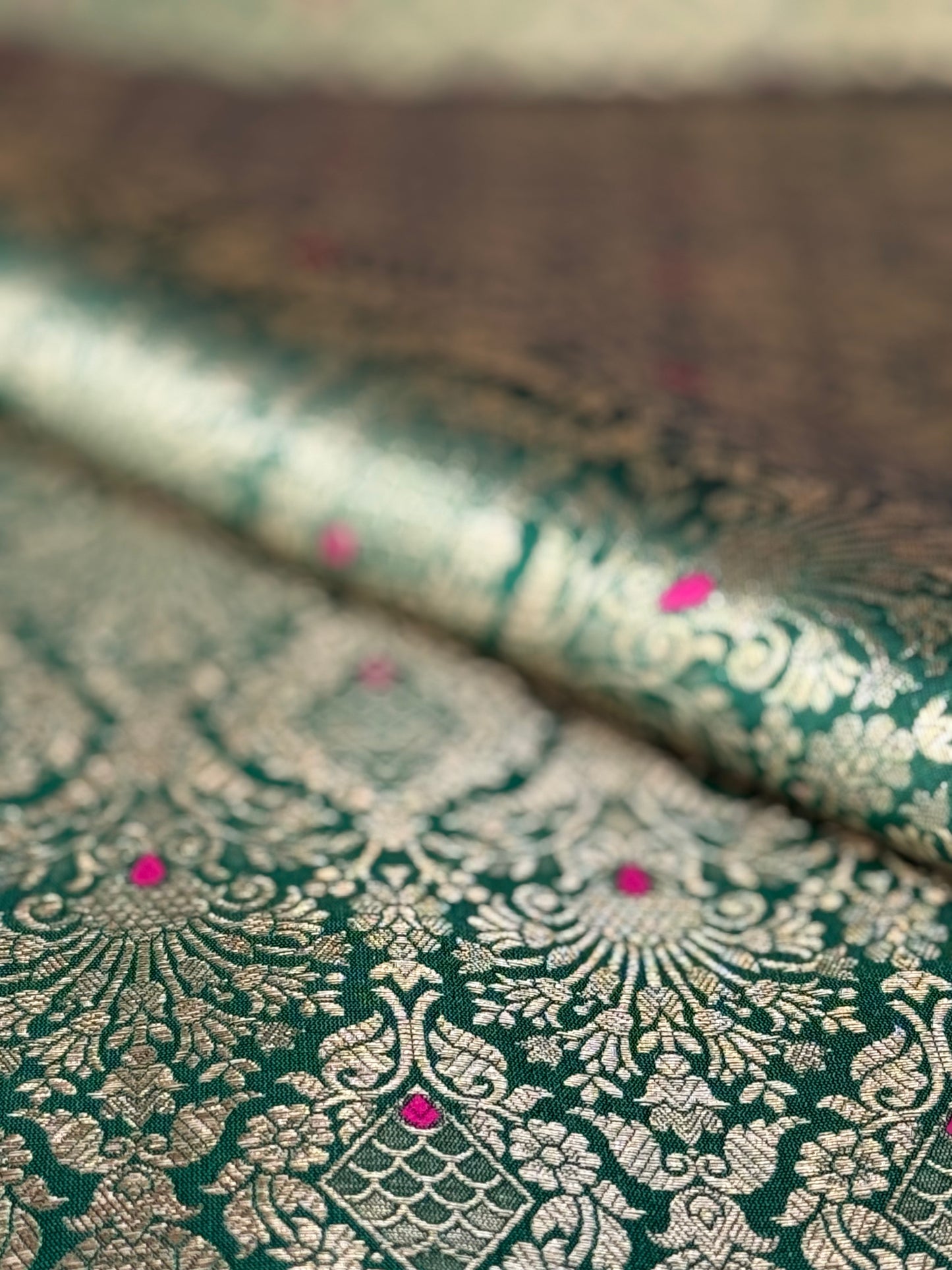 Handwoven Bottle Green Meenakari Brocade Thaan