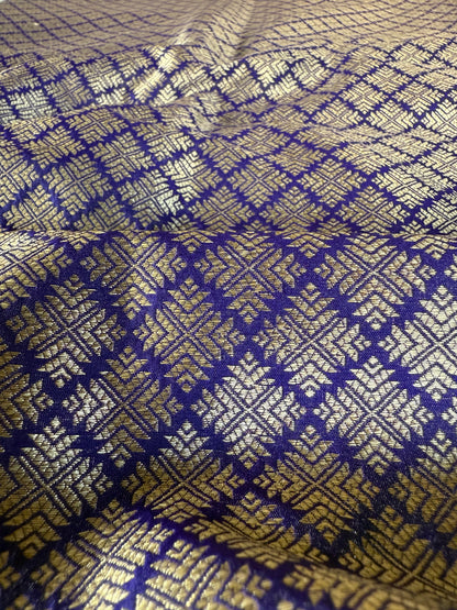 Handwoven Indigo Silk Abstract Brocade Thaan