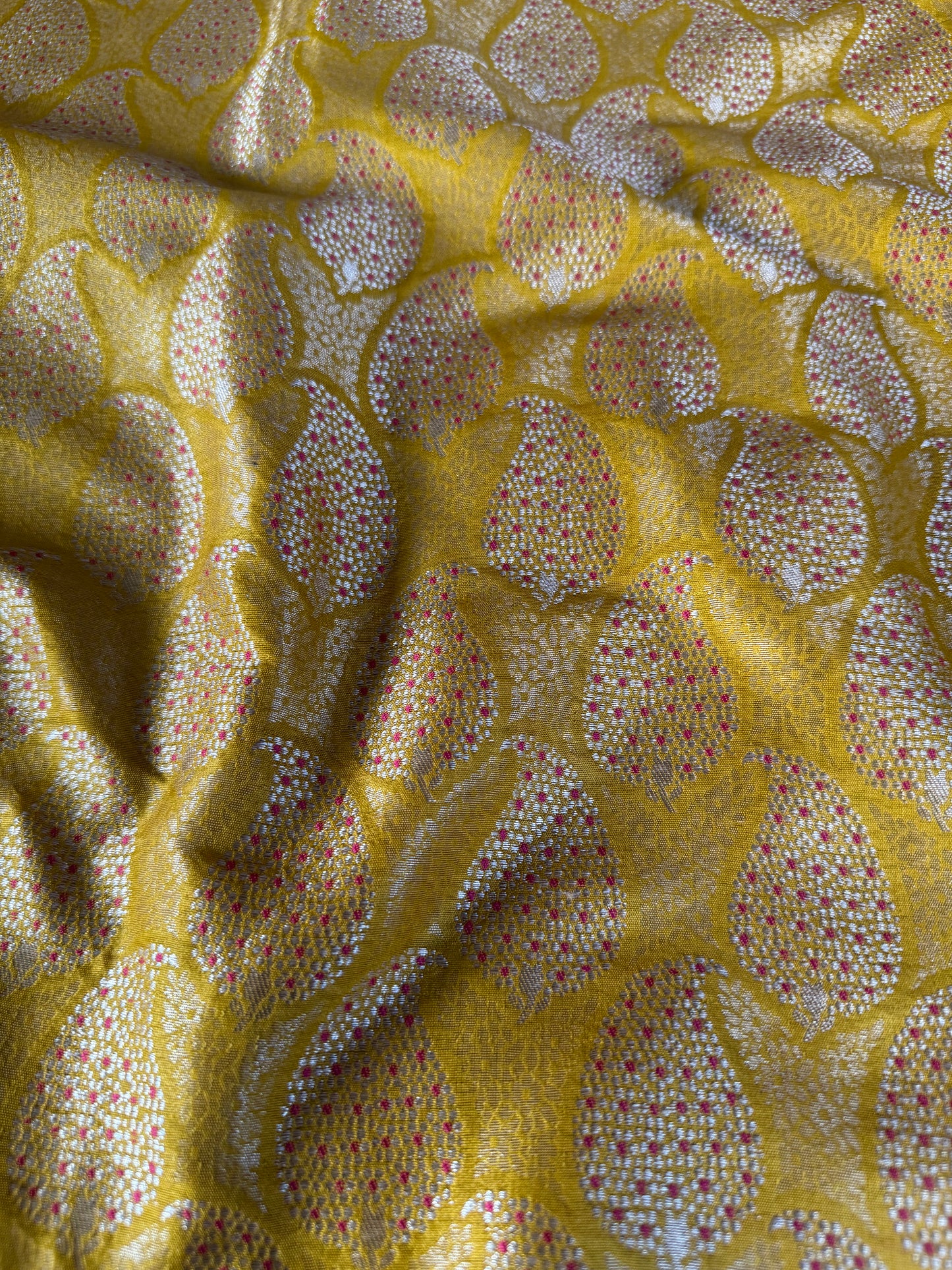 Handwoven Golden Silk Paisley Brocade Meenakari Thaan