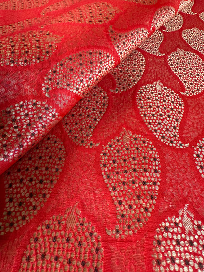 Handwoven Red Silk Paisley Brocade Meenakari Thaan