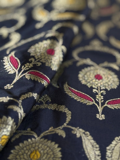 Handwoven Navy Blue Silk Jaal Meenakari Fabric Thaan