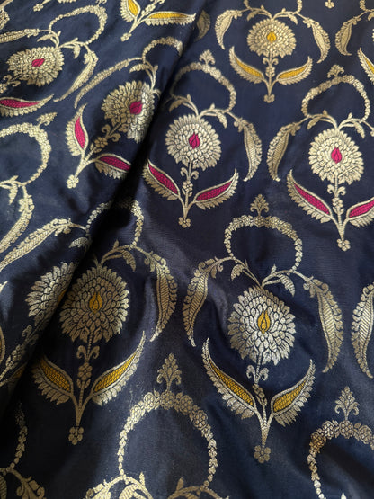 Handwoven Navy Blue Silk Jaal Meenakari Fabric Thaan