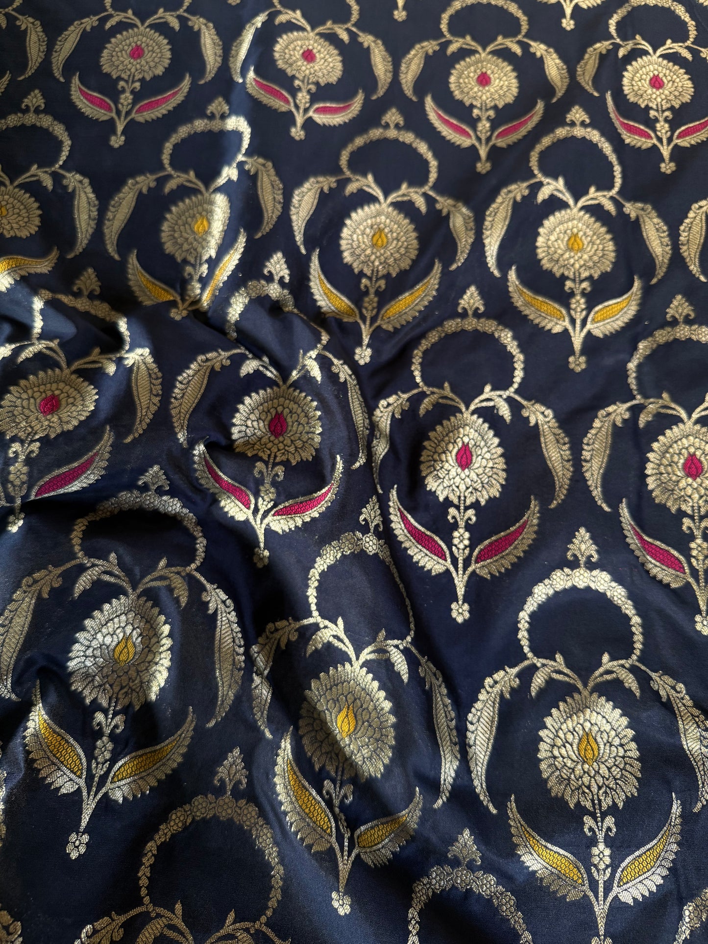Handwoven Navy Blue Silk Jaal Meenakari Fabric Thaan