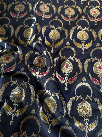 Handwoven Navy Blue Silk Jaal Meenakari Fabric Thaan