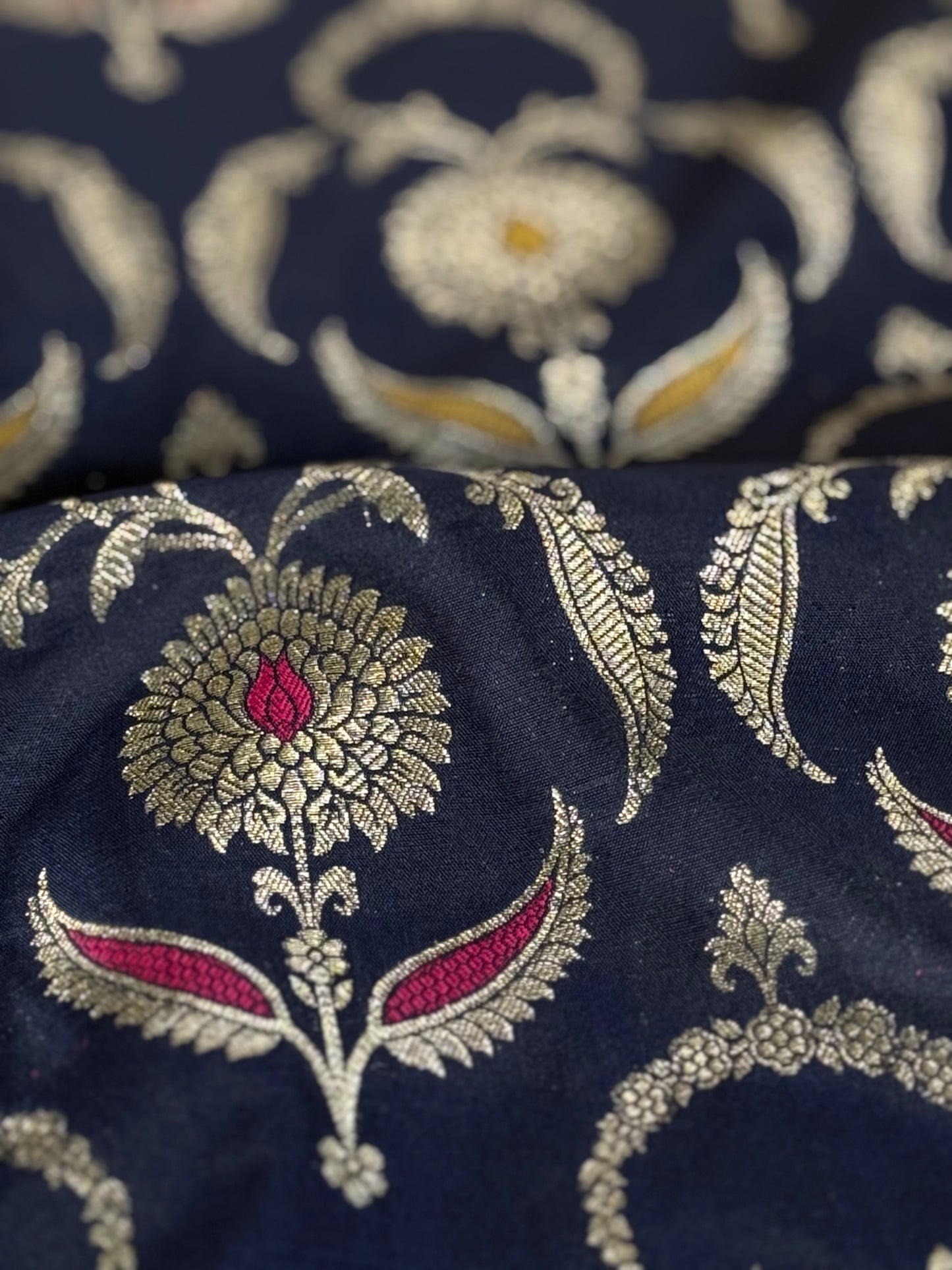 Handwoven Navy Blue Silk Jaal Meenakari Fabric Thaan