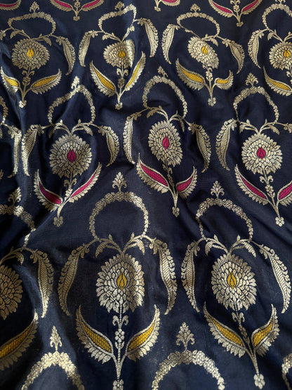Handwoven Navy Blue Silk Jaal Meenakari Fabric Thaan