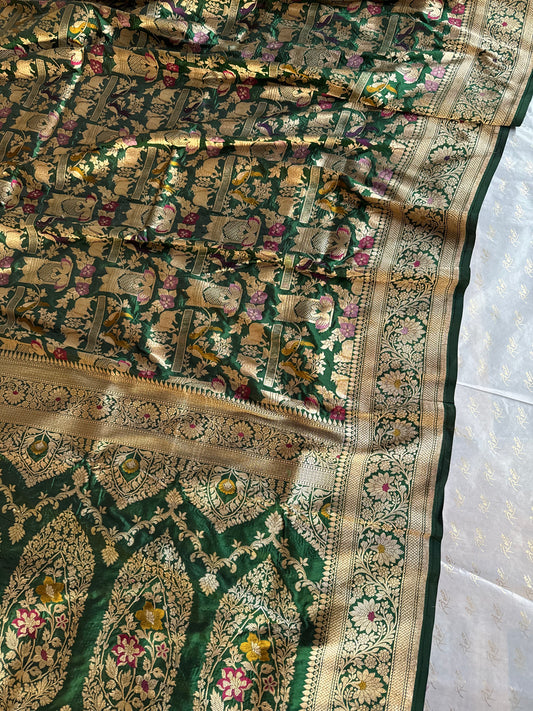 Handwoven Bottle Green Shikargh Meenkari Saree