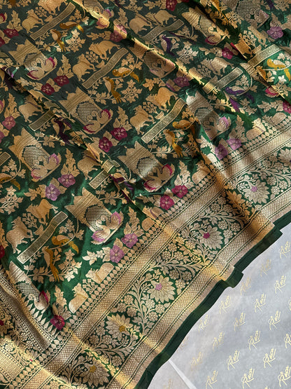Handwoven Bottle Green Shikargh Meenkari Saree