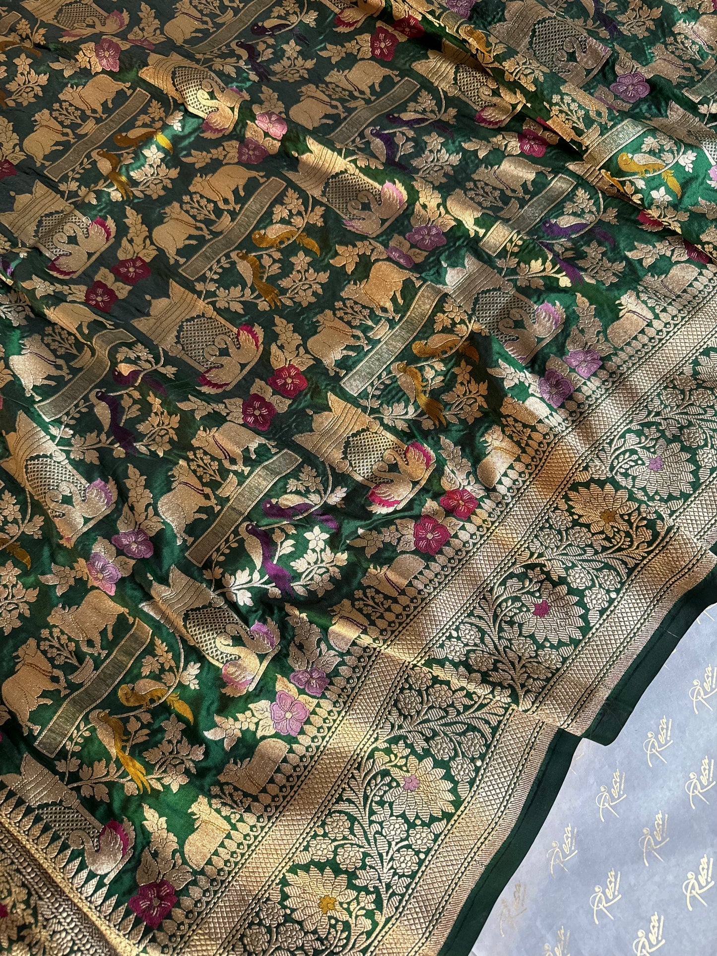 Handwoven Bottle Green Shikargh Meenkari Saree