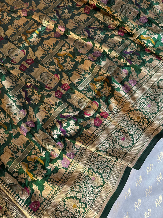 Handwoven Bottle Green Shikargh Meenkari Saree