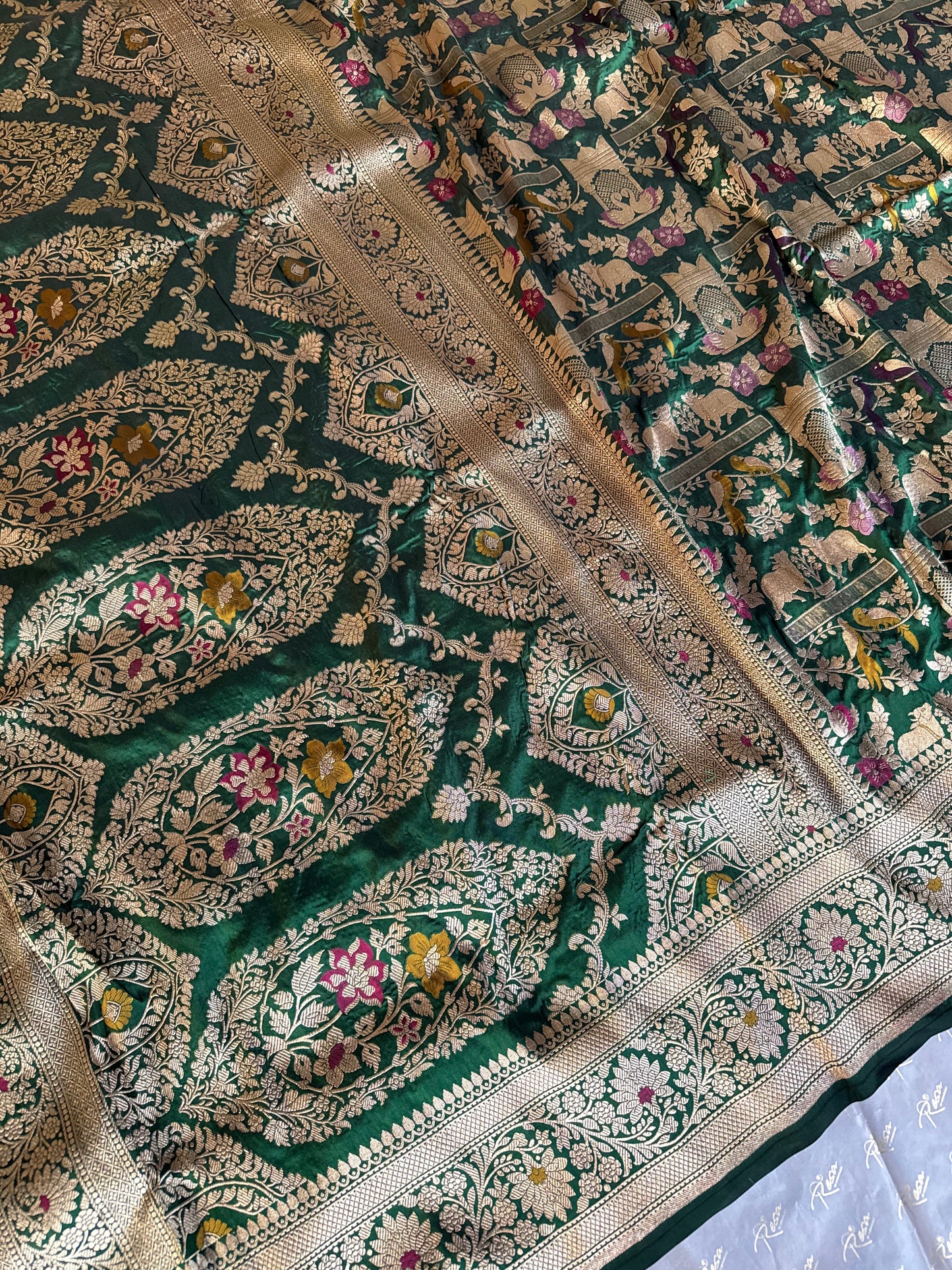 Handwoven Bottle Green Shikargh Meenkari Saree