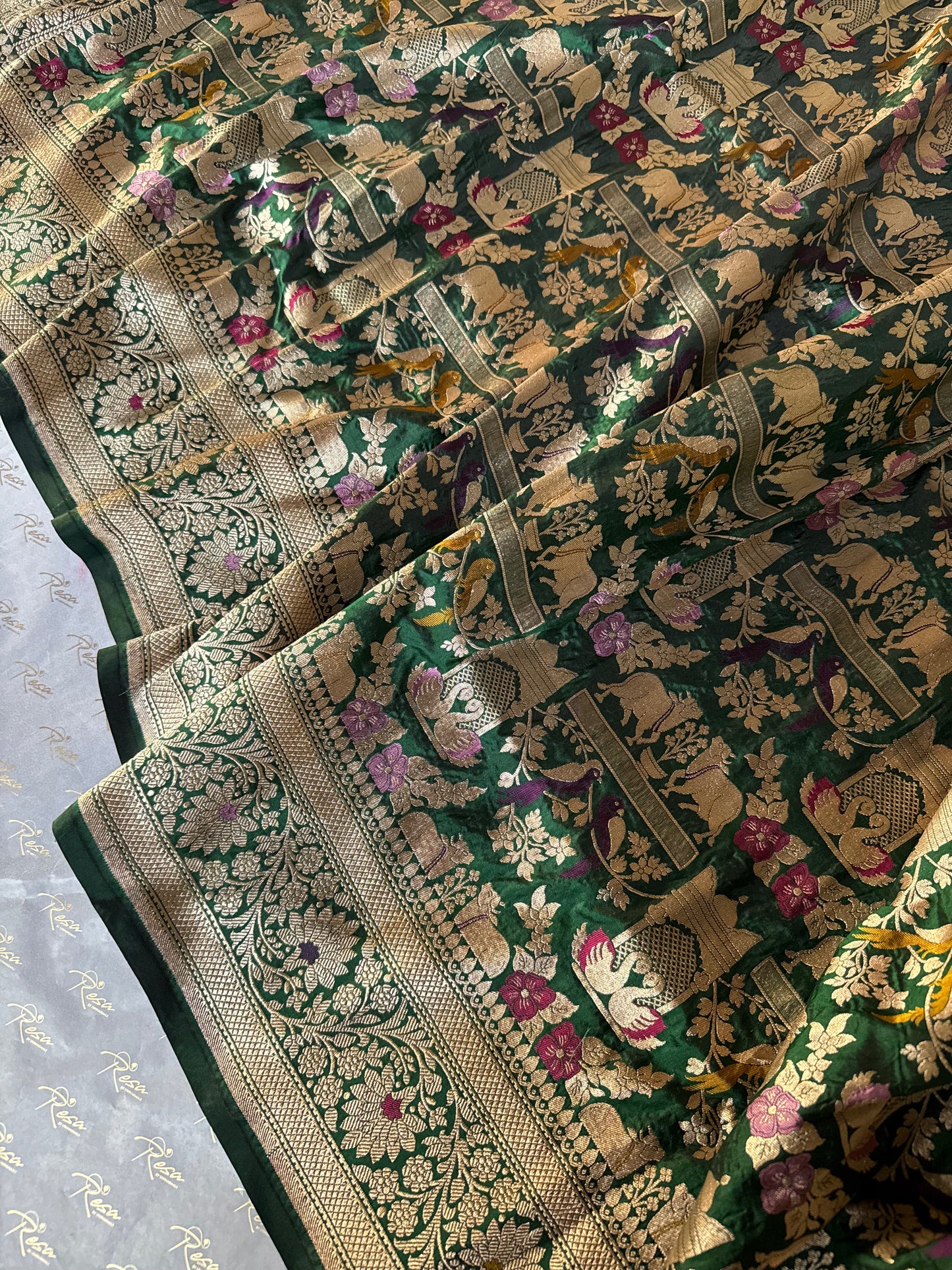 Handwoven Bottle Green Shikargh Meenkari Saree