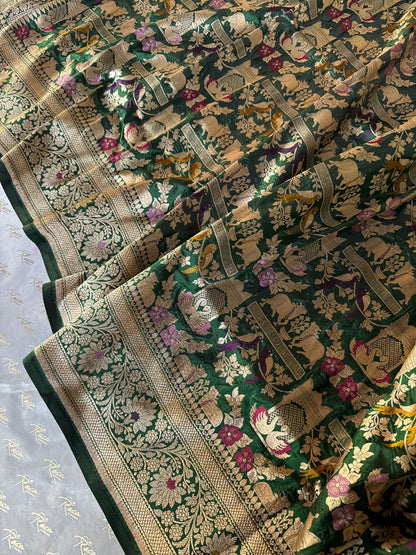 Handwoven Bottle Green Shikargh Meenkari Saree