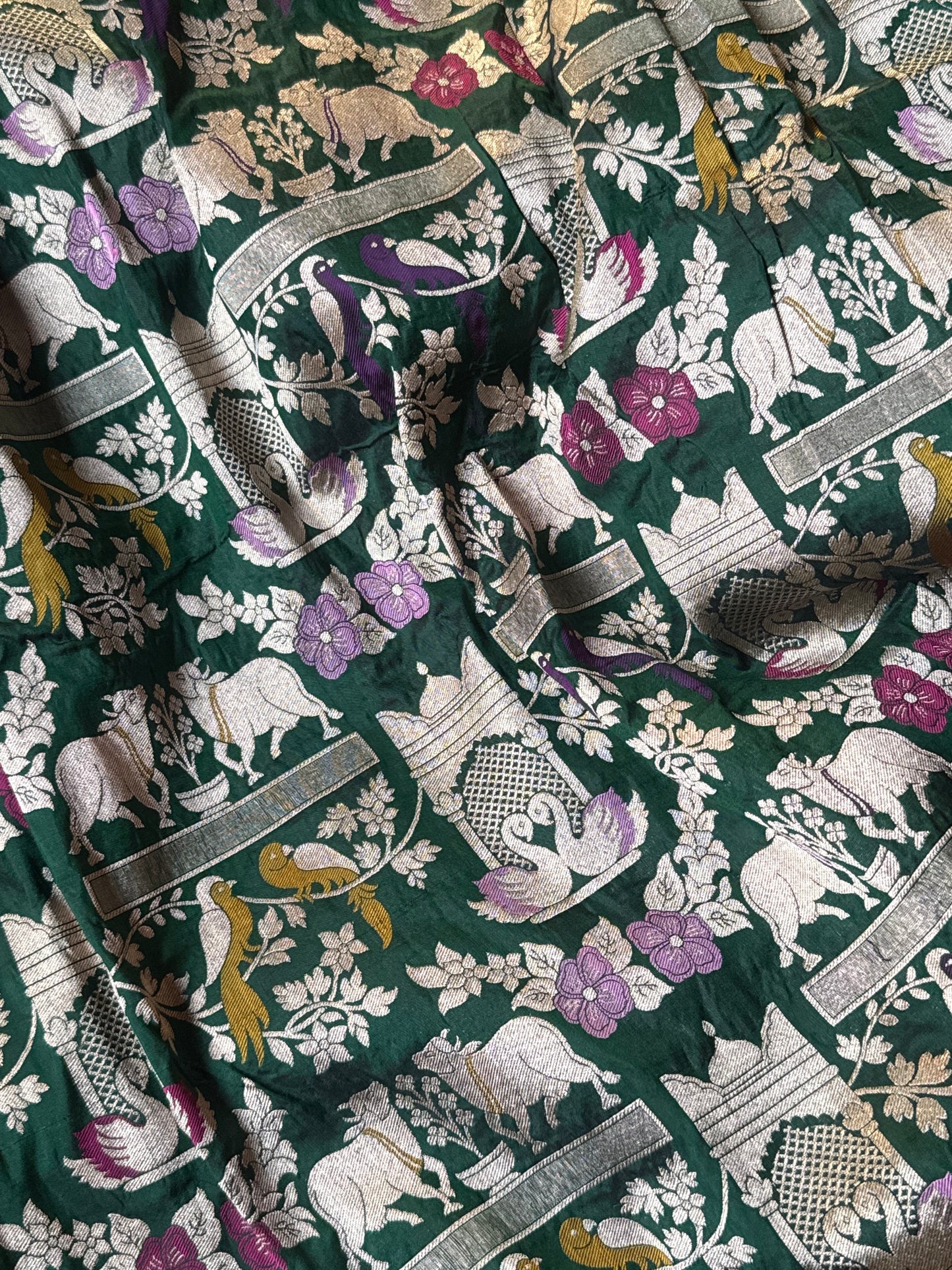 Handwoven Bottle Green Shikargh Meenkari Saree