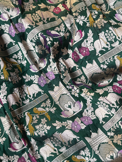 Handwoven Bottle Green Shikargh Meenkari Saree