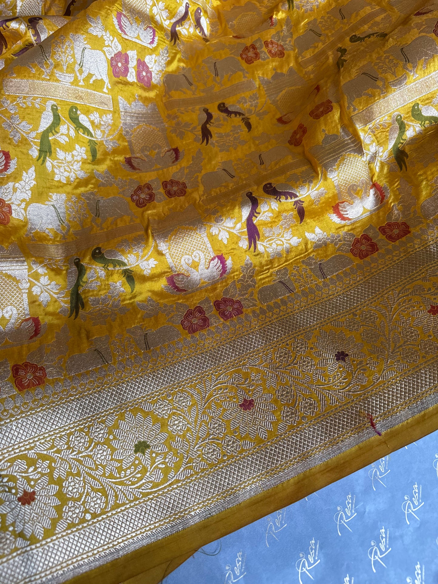 Handwoven Yellow Shikargh Meenkari Saree