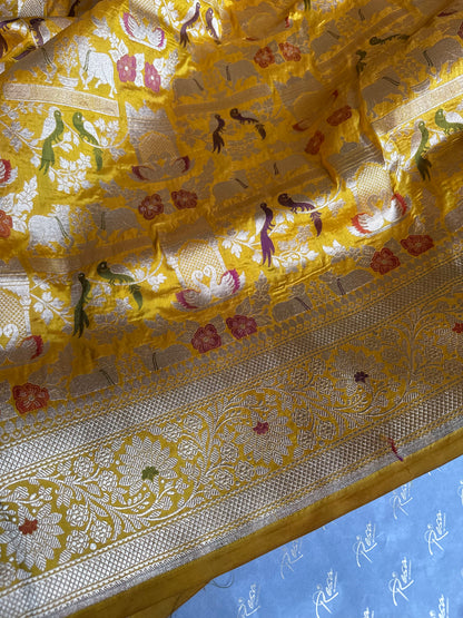 Handwoven Yellow Shikargh Meenkari Saree
