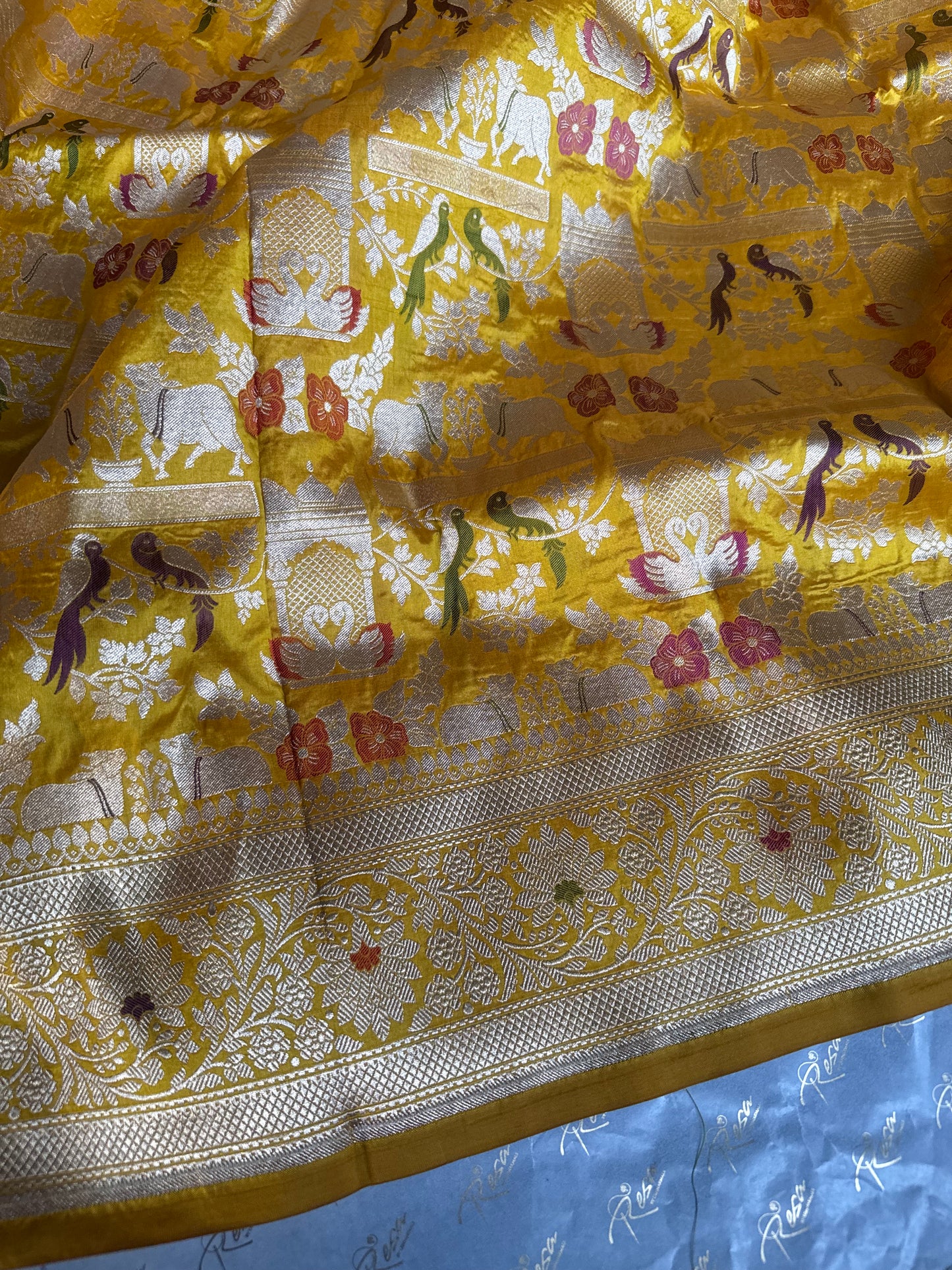 Handwoven Yellow Shikargh Meenkari Saree