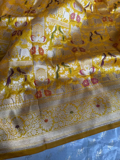 Handwoven Yellow Shikargh Meenkari Saree