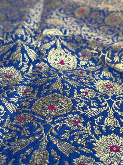 Handwoven Blue Silk Jaal Meenakari Fabric Thaan