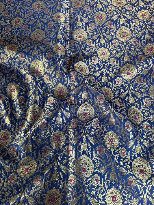Handwoven Blue Silk Jaal Meenakari Fabric Thaan