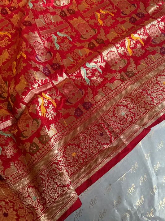 Handwoven Red Shikargh Meenkari Saree