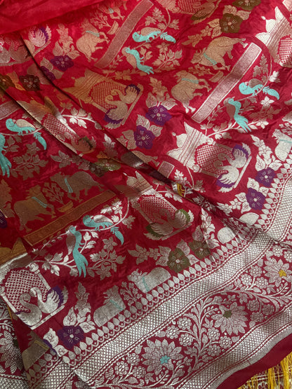 Handwoven Red Shikargh Meenkari Saree