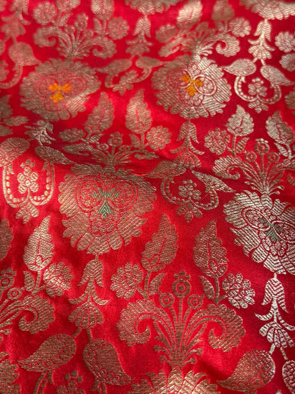 Handwoven Red Silk Meenakari Jaal Fabric Thaan
