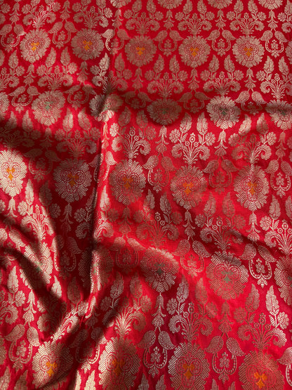 Handwoven Red Silk Meenakari Jaal Fabric Thaan