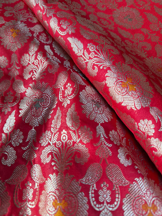 Handwoven Red Silk Meenakari Jaal Fabric Thaan