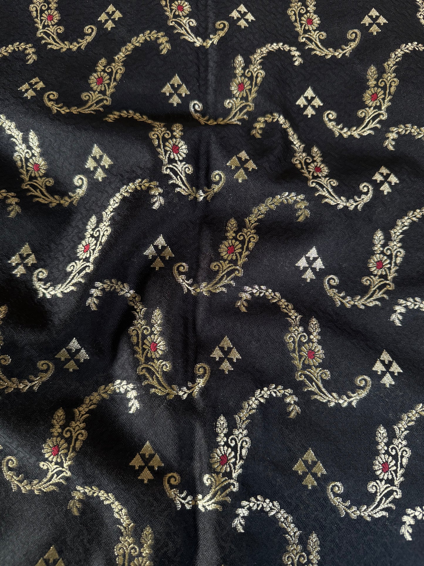 Handwoven Black Silk Tanchoi Meenakari Jaal Fabric Thaan