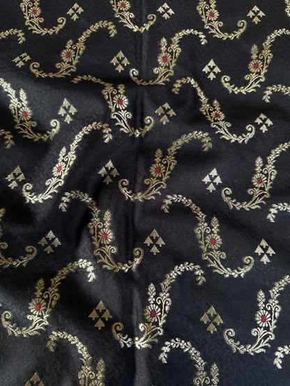 Handwoven Black Silk Tanchoi Meenakari Jaal Fabric Thaan