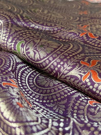 Handwoven Purple Silk Brocade Meenakari Fabric Thaan