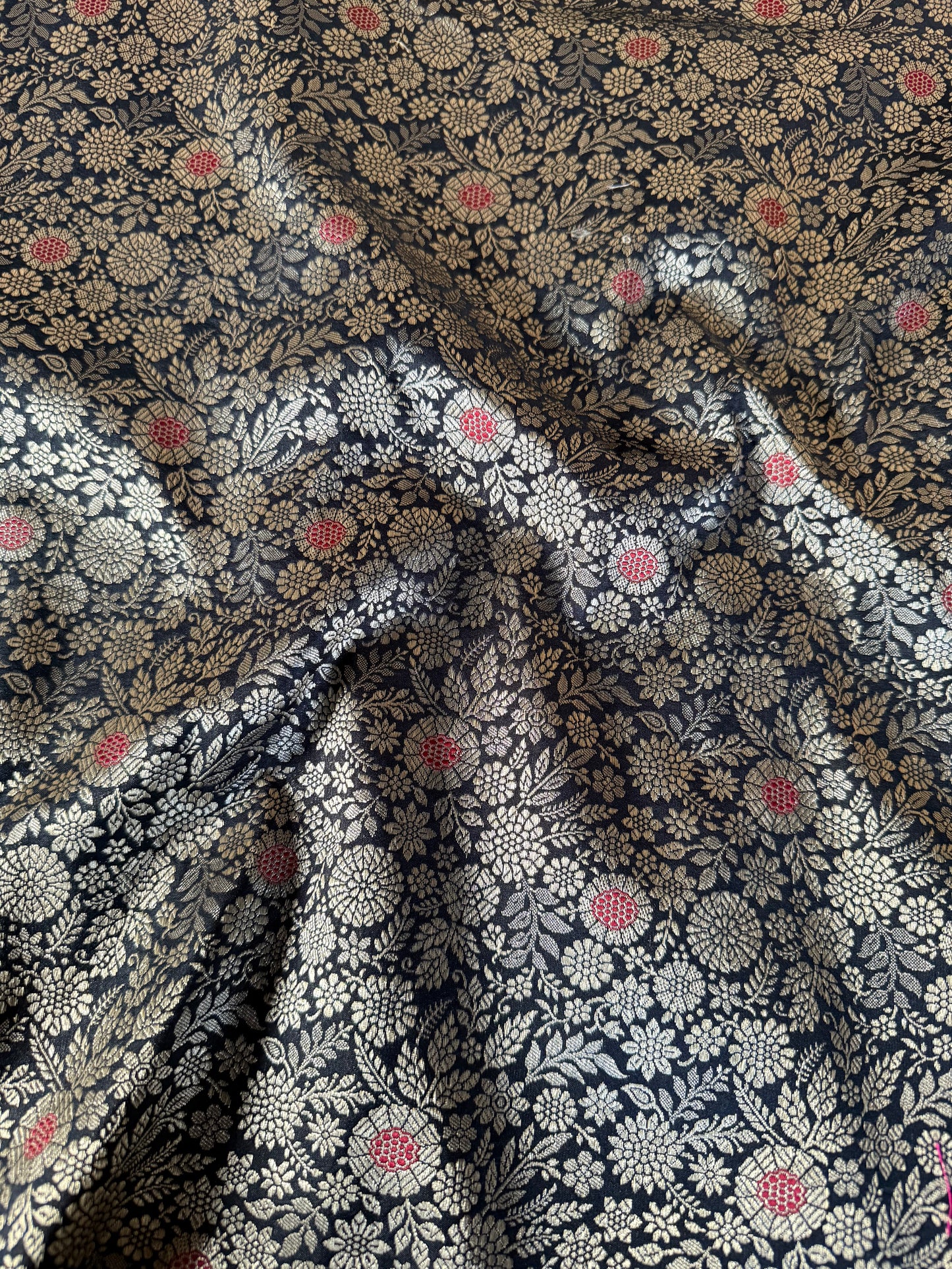 Handwoven Black Silk Brocade Meenakari Fabric Thaan