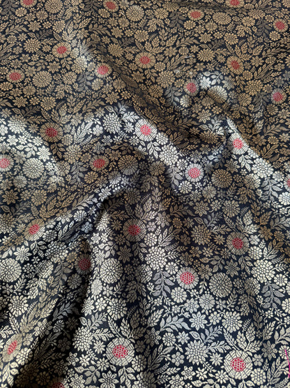 Handwoven Black Silk Brocade Meenakari Fabric Thaan