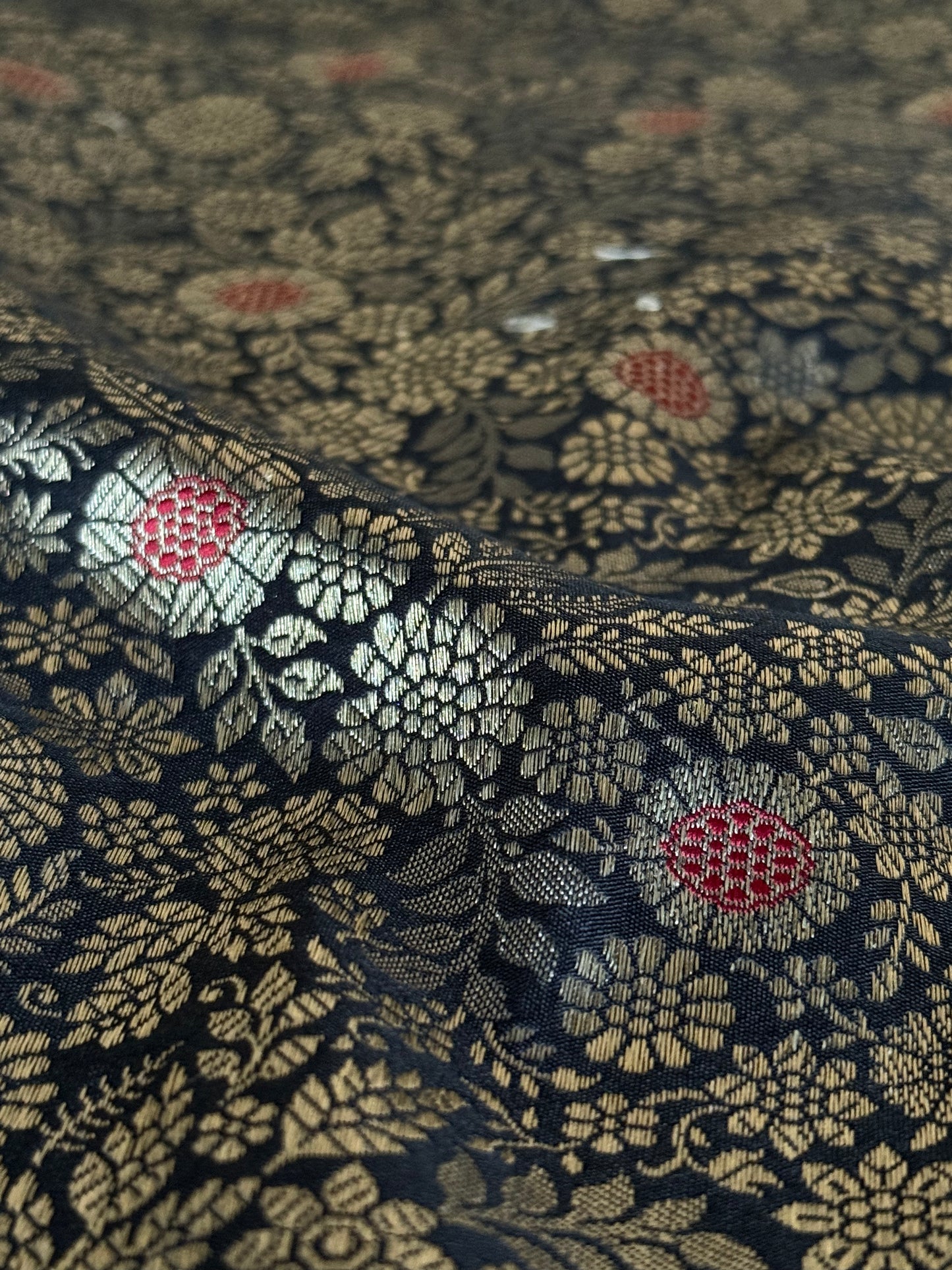 Handwoven Black Silk Brocade Meenakari Fabric Thaan