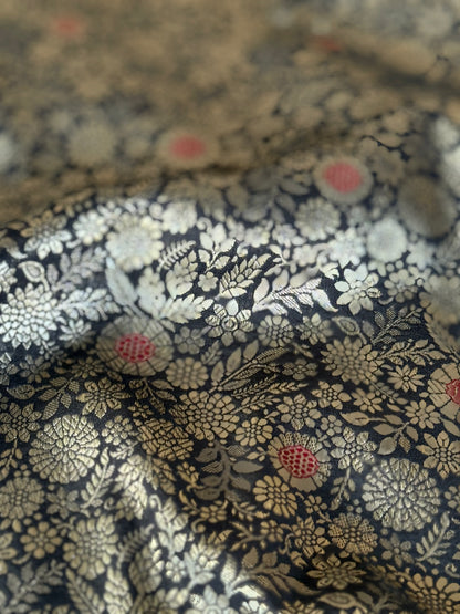 Handwoven Black Silk Brocade Meenakari Fabric Thaan