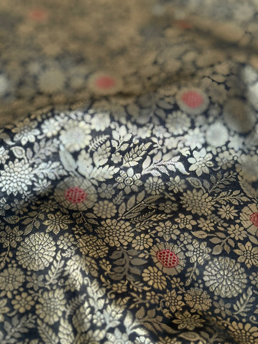 Handwoven Black Silk Brocade Meenakari Fabric Thaan
