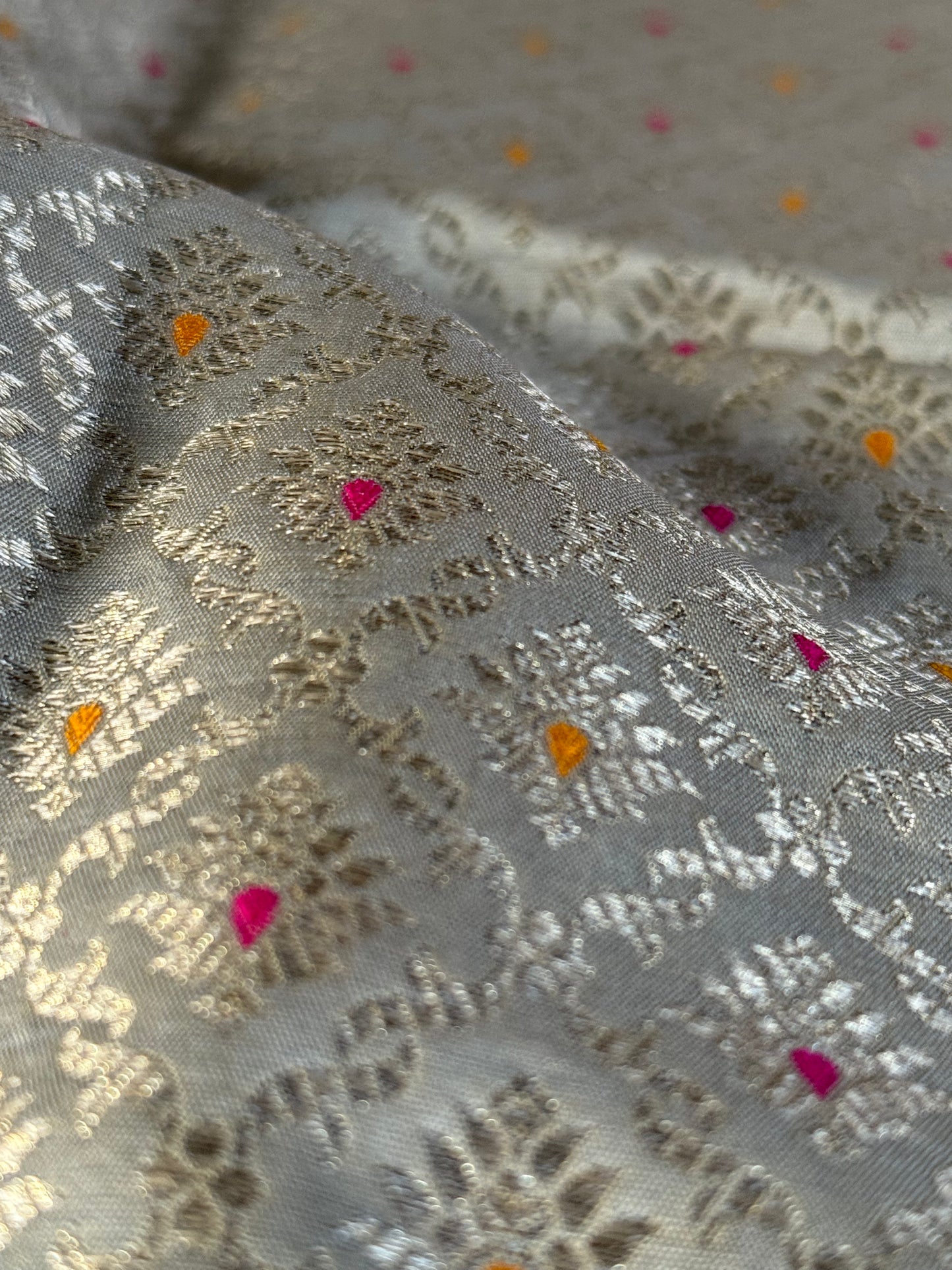Handwoven Grey Silk Brocade Meenakari Fabric Thaan