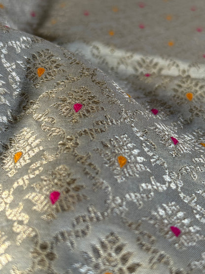 Handwoven Grey Silk Brocade Meenakari Fabric Thaan